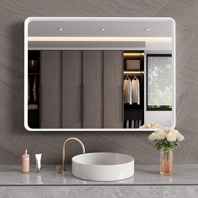 JISOSO White Bathroom Mirror 40x30 Inch, White Metal Framed Bathroom Mirror for Wall, Rounded Rectangle Matte Bathroom Vanity Mirror, Tempered Glass, Anti-Rust, Horizontal/Vertical - ModernBath