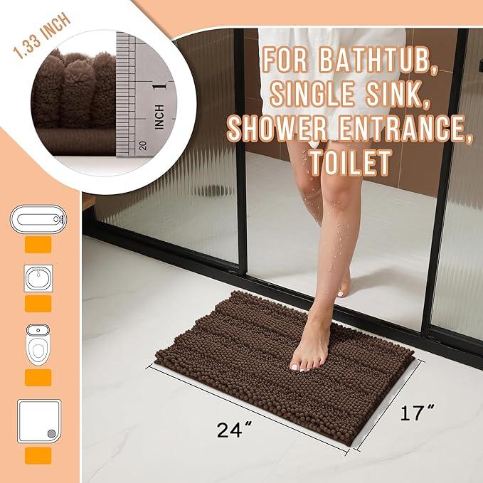 Yimobra Bathroom Rug Mat, Non Slip and Super Absorbent Bath Mat, Machine Washable Quick Dry, Ultra Plush Chenille Shower Rugs for Bathroom Floor Sink Tub and Shower Outside, Brown, 24 x 17 - ModernBath