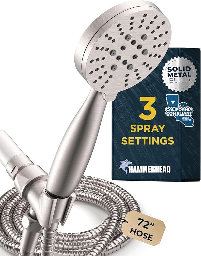 HammerHead Showers Solid Metal 3-Spray Handheld Shower Head with Long Hose and Holder, High Pressure, Wide/Massage/Mist Sprays, Brushed Nickel, 1.75 GPM - ModernBath