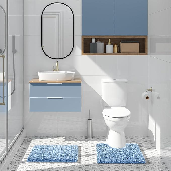 Yimobra Bathroom Rugs Non Slip Washable, Ultra Soft and Water Absorbent Bath Mats, Plush Fluffy Shower Mat Outside, Microfiber Thick Matts for Bathroom Floor/Sink, 24x17, Blue and White - ModernBath
