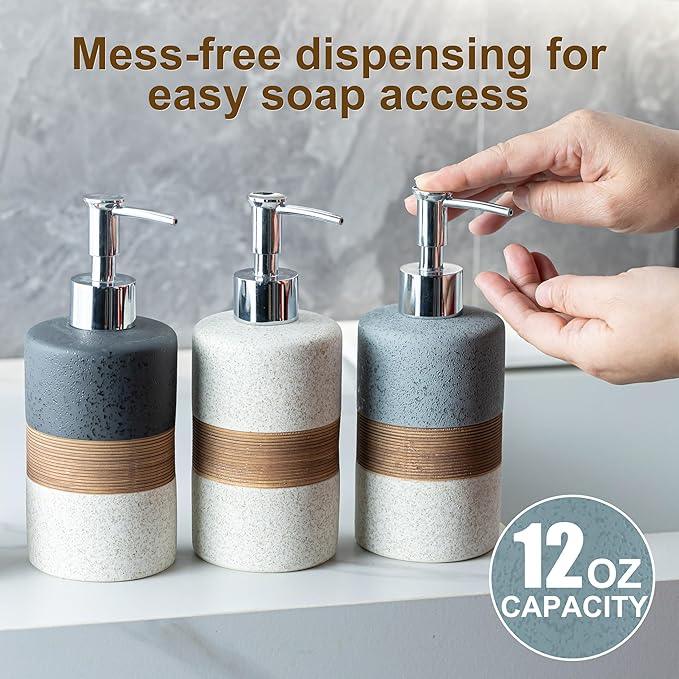 Cormomu Ceramic Dish Soap Dispensers Set(2 Pack), Hand, Dish, Shower Soap Dispenser for Kitchen Sink & Bathroom, Includes Stainless Steel Pump, Silicone Funnel & Diatomaceous Holder, Black - ModernBath