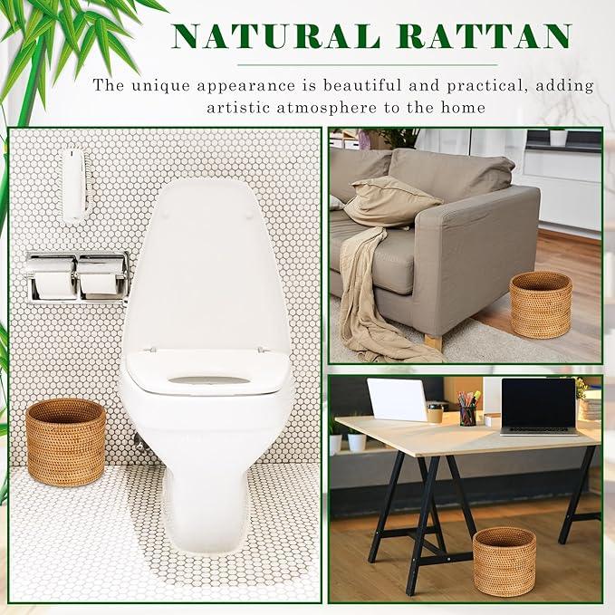 2 Pcs Mini Rattan Bathroom Trash Can Handmade Wicker Waste Basket Small Cylinder Storage Table Baskets for Bathroom Home Bedroom Kitchen Storage Office Desktop Essential - ModernBath