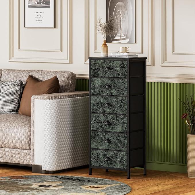 Furnulem Vertical Dresser for Bedroom,Tall Storage Tower Unit and Chest with 6 Drawers,Vintage Green Nightstand Furniture with Fabric Drawer Organizer in Dorm, Living Room,Closet,Entryway,Hallyway - ModernBath