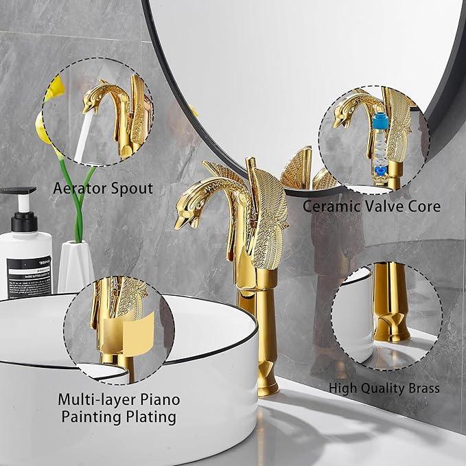 GGStudy Gold Swan Shape Single Handle One Hole Bathroom Vessel Sink Faucet Deck Mount Lavatory Sink Faucet - ModernBath