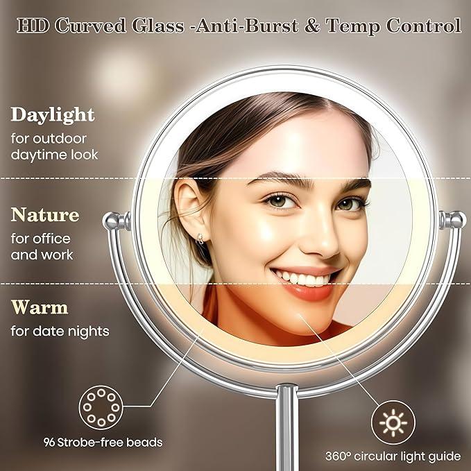 VESAUR Upgraded 11" Large 17" Tall Lighted Makeup Mirror Silver, 1X/10X Dual-Sided Magnifying with 15X Suction Mirror, 3 Color Adjustable Lights, 360° Swivel Dual Power Vanity Mirror, Gift Box - ModernBath