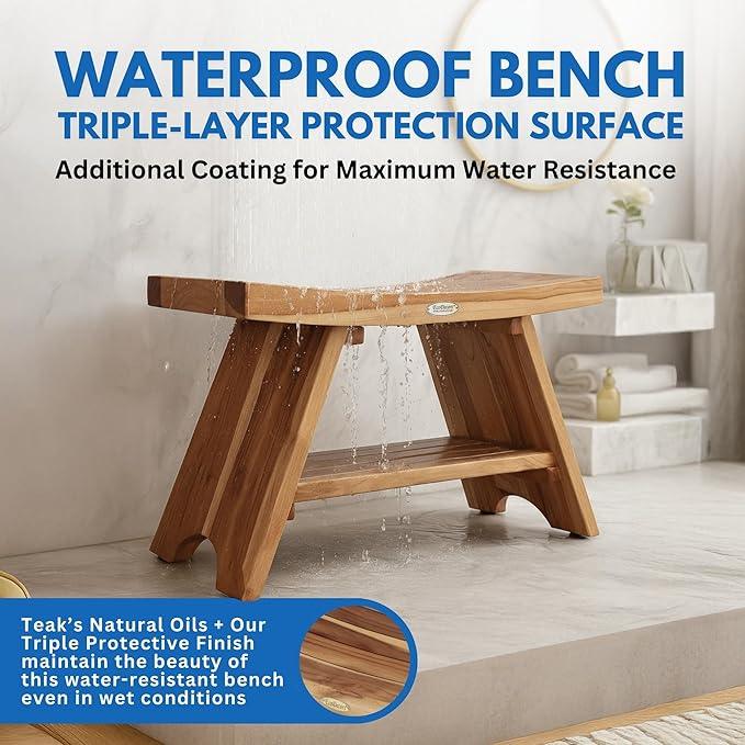 EcoDecors 35 Inch Serenity Teak Shower Bench – Waterproof Bathroom Seat with Large Storage Shelf For Adults & Seniors | Spa-Style Teak Wood Stool with Non-Slip Feet, Elegant Finish, 300 Pound Capacity - ModernBath