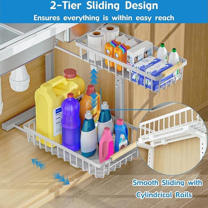 2Pcs Under Sink Organizer, Adjustable Under Sink Organizers and Storage, 2-Tier Pull Out Under Kitchen Sink Organizer, Sliding Out Metal Under Bathroom Sink Organizer for Kitchen Pantry White - ModernBath