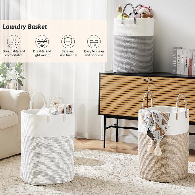 Laundry Basket,Woven Cotton Rope Laundry Hamper,Versatile Storage for Dirty Clothes,Baby Toys,and Blankets in Bathroom, Nursery,and Living Room (Brown, 60L) - ModernBath