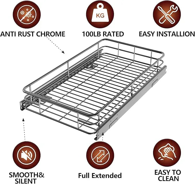 Cabinet Pull Out Shelves (14" W x 21" D), Heavy-Duty Pull Out Shelves for Kitchen Cabinets, Chrome-Plated Steel Slide Out Shelf - ModernBath