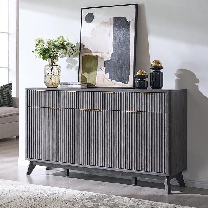 OKD Fluted Storage Cabinet with Drawers, 60" Morden Buffet Sideboard Coffee Bar Cabinet with 4 Doors and 3 Drawers for Dining Room, Living Room,Hallway (Dark Alder) - ModernBath