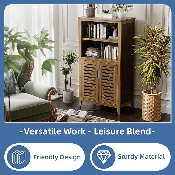 HITNET Walnut Bathroom Floor Cabinet, Bamboo Side Tall Storage Organizer, Freestanding Kitchen Cupboard with Door and Removable Shelf - ModernBath