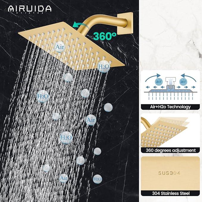 Airuida Shower Faucet Set Bathroom Rain Shower System SUS304 Stainless Steel Single Handle With Male Threads Rough-in Valve Shower Trim Kit 6 Inch Wall Mount Shower Head Brushed Gold - ModernBath
