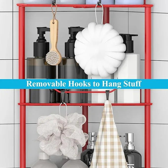 3 Tier Floor Standing Corner Shower Caddy Organizer Shelf with Hooks, Bathroom Shelves Stand Rack, Red - ModernBath