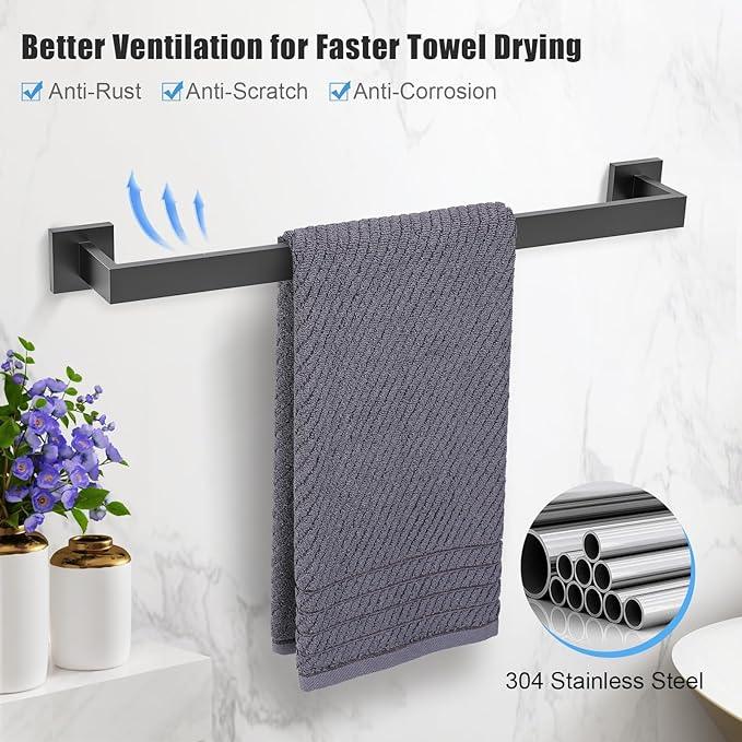 TURS Bathroom Hardware Set Black 4-Piece Towel Bar Set Include 24 Inch Towel Bar Hand Towel Holder Towel Hook Toilet Paper Holder with Shelf Wall Mounted Stainless Steel Bathroom Accessories Set - ModernBath