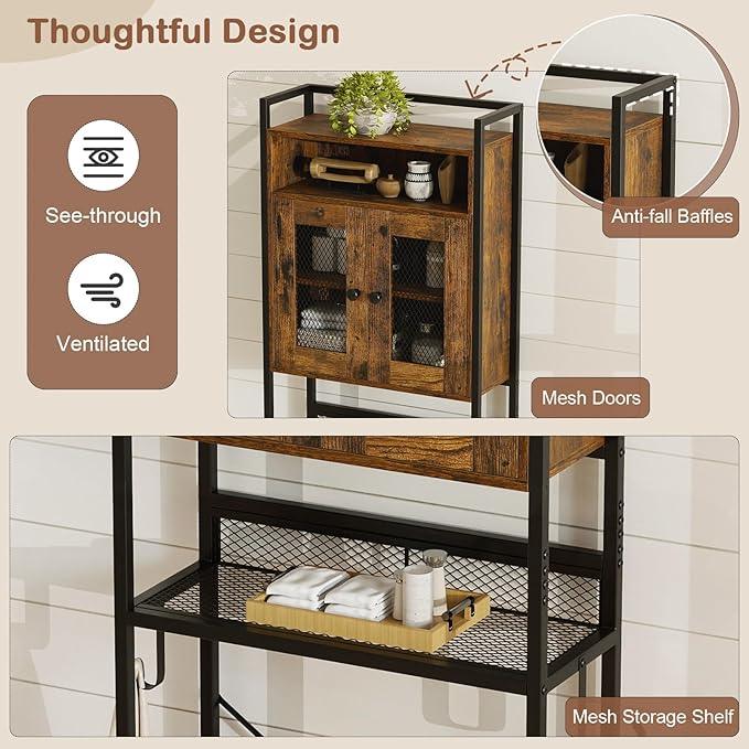 Tangkula Over The Toilet Storage Cabinet, 5-Tier Space Saver Above Toilet with 2 Mesh Doors, Metal Stand, Toilet Paper Holder & Hook, Freestanding Bathroom Cabinet Organizer for Laundry, Rustic Brown - ModernBath