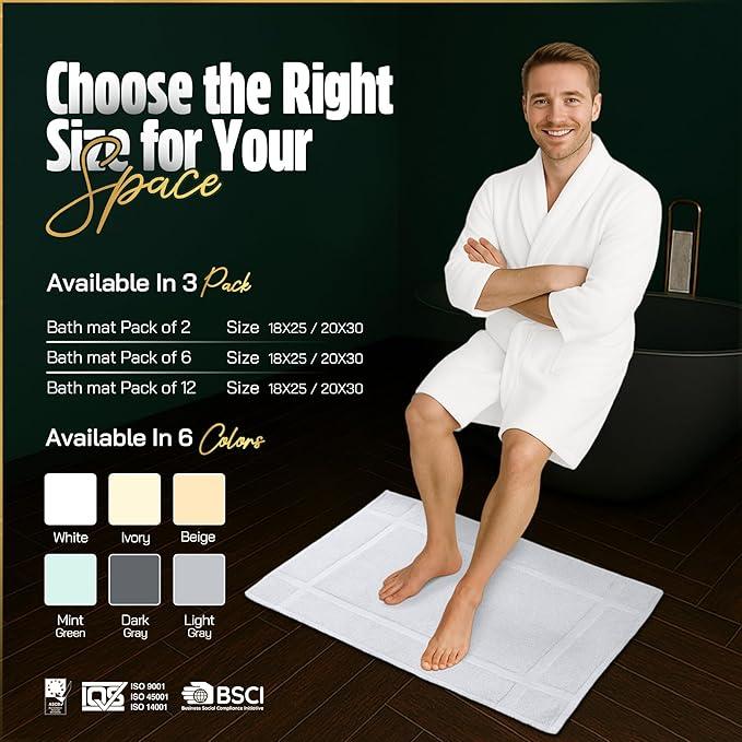 Pearl Linens Pack of 6 100% Cotton Bath Mat 20X30 inches, Soft & Absorbent Quick Dry Bathroom Mat Set, Not Bathroom Rugs, After Shower Mat, Bath Tub Mat, 687 GSM, Machine Washable, White - ModernBath