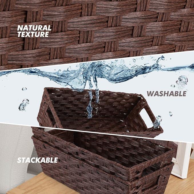 Onlytak Plastic Wicker Storage Baskets - Toilet Tank & Bathroom Baskets, Woven for Organizing, Brown, 15¾" x 6¾" x 4¾", 2-Pack - ModernBath