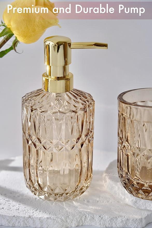 LaMarriti Brown Bathroom Accessories Set, 5Pcs Clear Glass Bathroom Accessories, Lotion Soap Dispenser, Toothbrush Holder Set, Soap Dish, Qtip Holder, Tumbler for Vintage Bathroom Decor, Gift Set - ModernBath