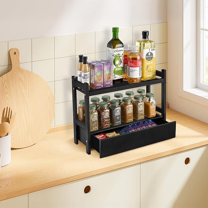 Sorbus Bamboo Bathroom Counter Organizer – 2-Tier Shelf with Hidden Drawer for Vanity, Matcha Station, Bathroom Sink Organizer Countertop, Kitchen & Office Storage (17″ L x 6.5″ W x 12.6″ H) (Black) - ModernBath