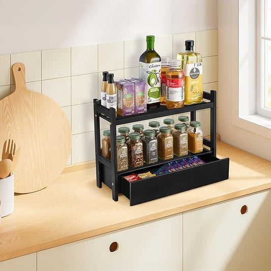 Sorbus Bamboo Bathroom Counter Organizer – 2-Tier Shelf with Hidden Drawer for Vanity, Matcha Station, Bathroom Sink Organizer Countertop, Kitchen & Office Storage (17″ L x 6.5″ W x 12.6″ H) (Black) - ModernBath