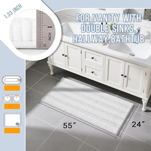Yimobra Bathroom Runner Rugs 55"x24", Non Slip and Absorbent Bath Mat, Super Soft Water Absorbent Hallway Carpet, Machine Washable Rug for Vanity Tub Shower, White - ModernBath