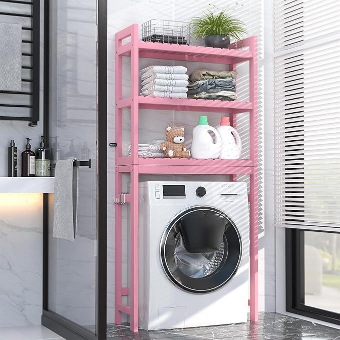Homykic Bamboo Over The Toilet Storage Shelves, 3-Tier Above Toilet Storage Organizer Rack with 3 Hooks, Freestanding Bathroom Tower Shelf Unit for Small Space, No Rust, Easy to Assemble, Pink - ModernBath