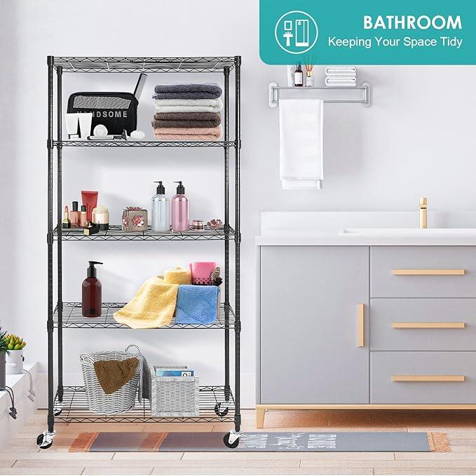 BNSPLY 5 Tier Wire Shelving Unit, Adjustable Metal Storage Rack, Mobile Wire Shelves for Kitchen, Laundry, Bathroom, Pantry, Closet Organization (17.7" D x 35.5" W x 71" H, Black) - ModernBath