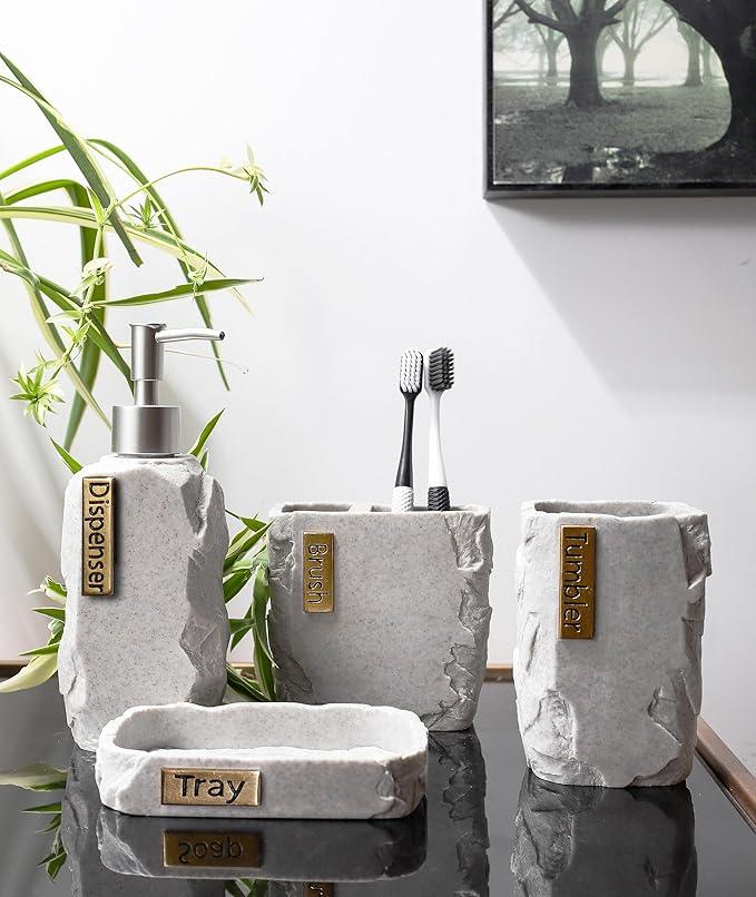 Hymmah Bathroom Accessories Set,Marble Design Toothbrush Holder,Farmhouse Bathroom Decor,4 Pcs Resin Gift Set Apartment Necessities, Contain Toothbrush Cup,Soap Dispenser,Soap Dish,Tumbler - ModernBath