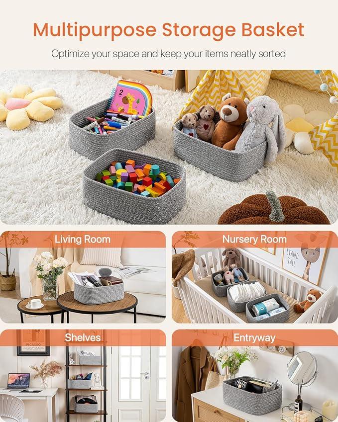 Small Woven Basket, 13.5 x 9.5 x 5 Inches, Storage Basket for Organizing, Cute Small Rope Shelf Closet Cube Storage Bins Baskets for Shelves, Dog Toy Gift Baskets Empty, 3 Packs, Mixed Grey - ModernBath