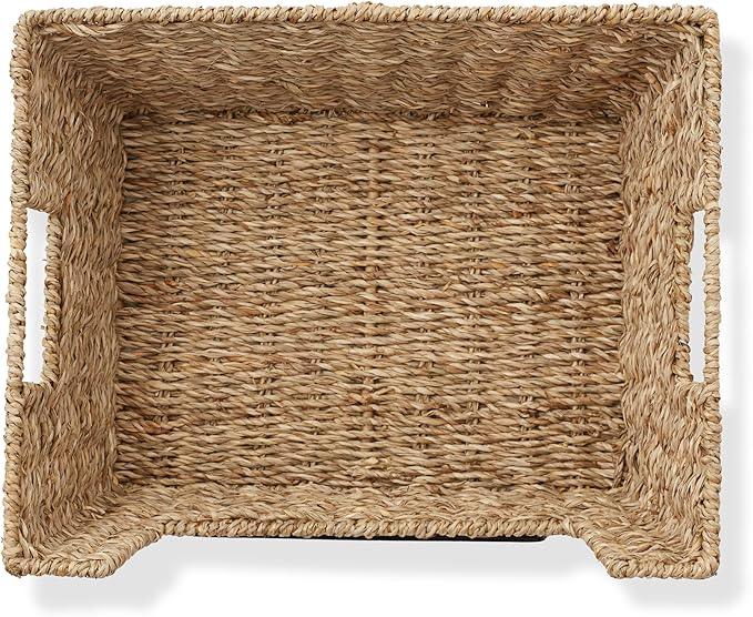 Casafield Set of 2 Seagrass Pantry Baskets with Handles, Chalkboard Labels and Marker - Natural, Wide Woven Storage Bin Organizers for Kitchen Shelves - ModernBath