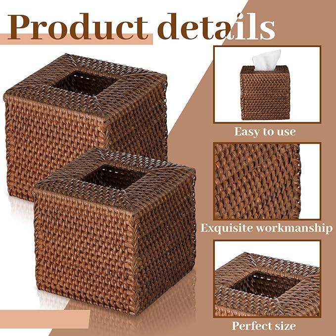 Kigley 2 Pcs Square Rattan Tissue Box Cover Boho Wicker Tissue Cube Box Cover 5.5'' x 5.5'' x 5.5'' Decorative Natural Wicker Hand Woven Napkin Box Holder Bathroom Office Car Accessories (Brown) - ModernBath