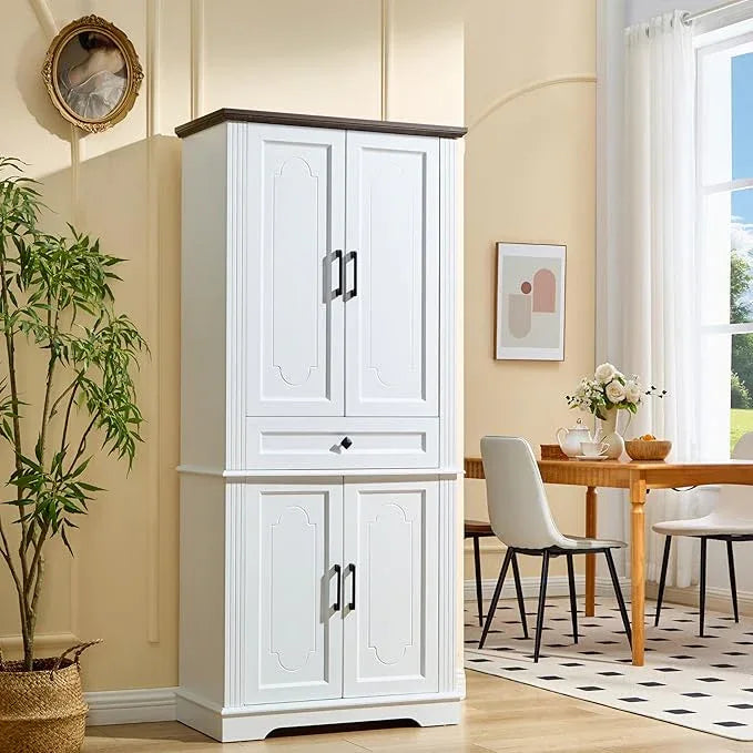 71" White Tall Pantry Cabinet with Drawer and Adjustable Shelves, Modern Storage Cabinet with Doors, Kitchen Buffet Cabinet, Food Pantry Storage Cabinet, Coffee Bar, Living Room and Dining Room - ModernBath