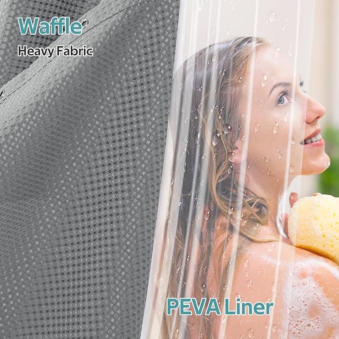Vipfree 3 in 1 Shower Curtain Set, Waffle Shower Curtain and Liner Set with 12 Double Sided Shower Curtain Hooks, 258GSM Luxury Weighted Cloth Shower Curtains for Bathroom, 72 W x 72 H, Grey - ModernBath
