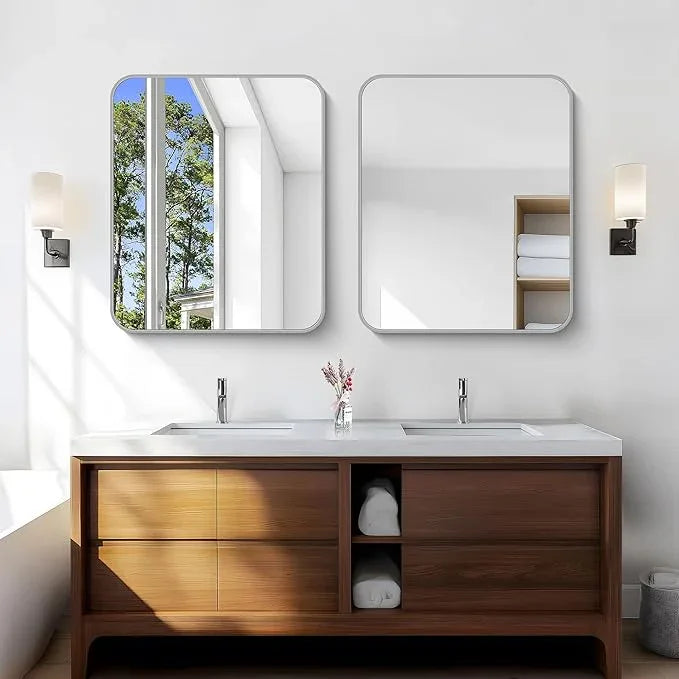 CIVENO Silver Bathroom Mirror, 30 x 36 Inch Metal Framed Silver Rectangle Mirror, Rounded Corner Rectangular Vanity Mirror, Wall Mounted Mirror for Living Room Bedroom Entryway Horizontal/Vertical - ModernBath