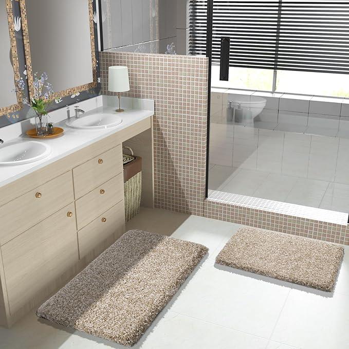 Yimobra Bathroom Rug Set 2 Piece, Soft Absorbent Microfiber Bath Mat Set, Non Slip Machine Washable Dry, Plush Shaggy Shower Rugs for Bathroom Floor, 32"x20"+24"x17", Light Brown and White - ModernBath