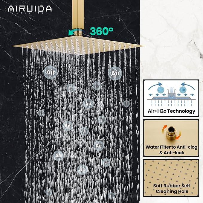Airuida Shower Faucet Set and Handle Set Single Function Shower Trim Kit Ceiling Mount Rainfall Shower System with Male Threads and Rough-in Valve 10 Inch Square Shower Head Brushed Gold - ModernBath