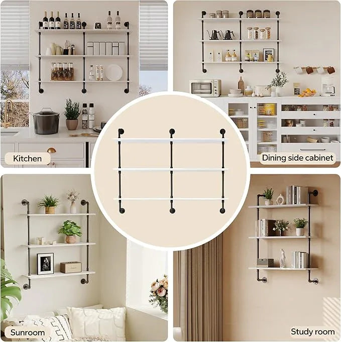 3-Tier Industrial Pipe Floating Shelf – Rustic 48 inch Wood Wall-Mounted Storage Shelf for Kitchen Office,Bathroom & Home Decor -White - ModernBath