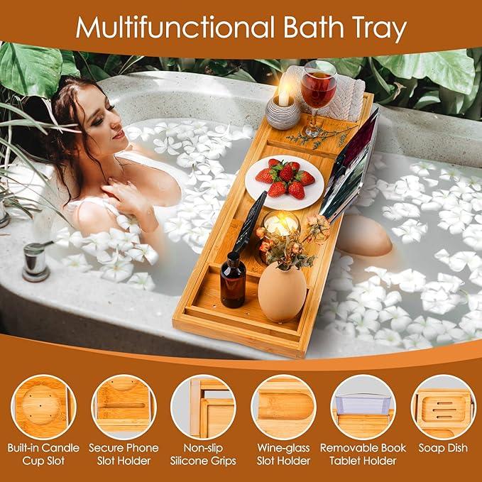 Foldable Bathtub Caddy Tray, Bamboo Bath Tub Tray Table for Tub with Wine Glass Holder Book Phone Tablet Holder with Extending Sides, Adjustable Bathroom Bathtub Free Soap Holder Gift Idea (Beige) - ModernBath