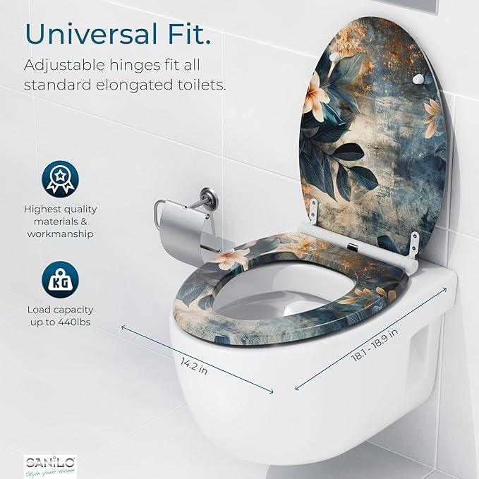 Sanilo Wooden Toilet Seat with Quick Release & Soft Close [ELONGATED] - Decorative & Slow Close Molded Wood Seat - With One Click for Easy Installation & Cleaning - With Adjustable Fit (Lilybud) - ModernBath