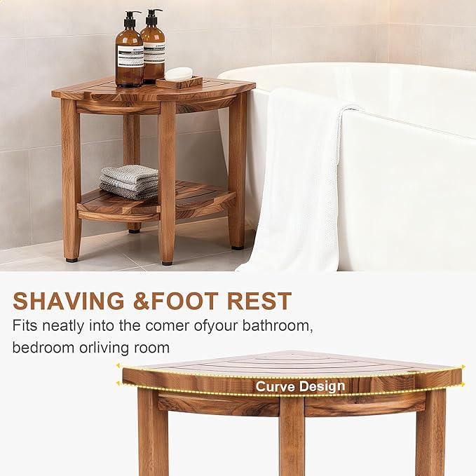 Jekruiet 18" Teak Corner Shower Stool, 2-Tier Teak Shower Bench with Storage Shelf, Adjustable Non-Slip Feet - ModernBath