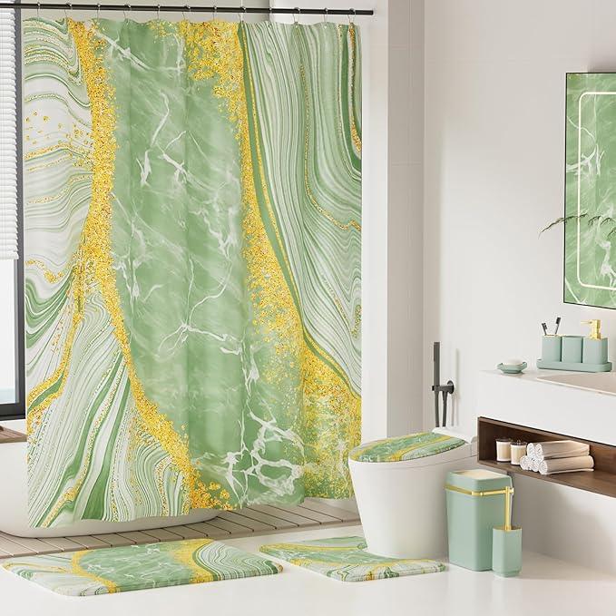 25PCS Bathroom Accessory Set, Green Bathroom Set with Large-Capacity 4 Gallon Trash Can,Bathroom Rugs Set, Waterproof Shower Curtain, Toilet Brush, Toothbrush Holder & Soap Dispenser - ModernBath