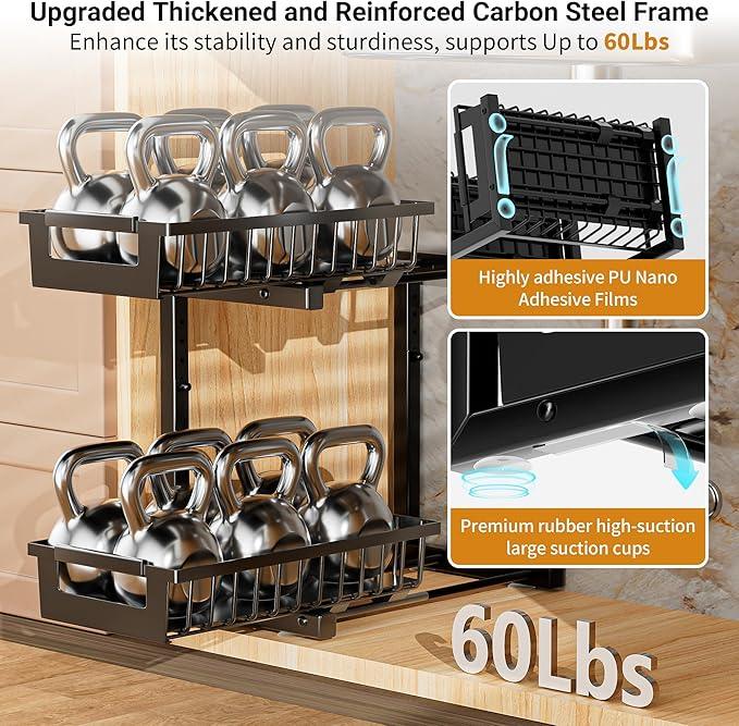 Under Sink Organizer 2 Pack, 2 Tier Adjustable Height Reinforced Carbon Steel Under Kitchen Bathroom Sink Storage Organizer, Smooth Pull-out Under Sink Cabinet Rack Drawer Organizer, Black - ModernBath