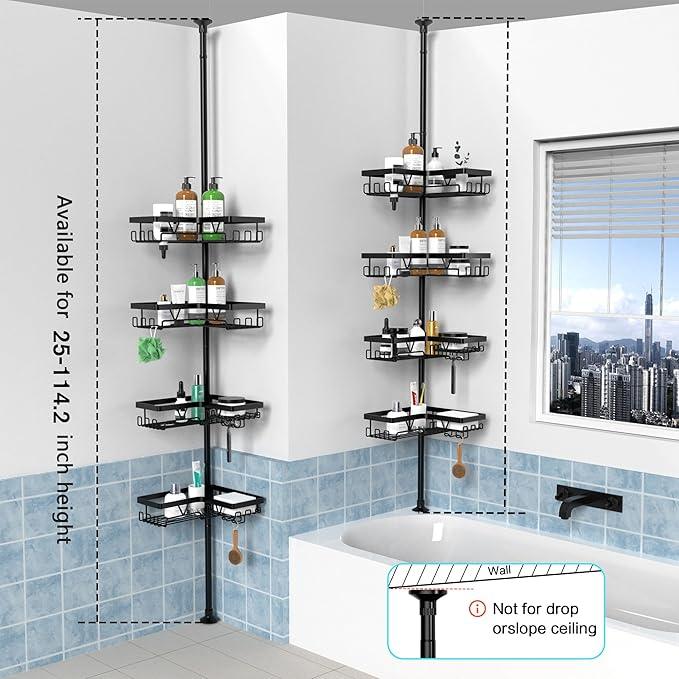 KEGII Corner Shower Caddy Tension Pole - Shower Tension Rod Organizer, Floor to Ceiling Shower Caddy 25-114.2 inch, Towel Rack Corner Waterproof, Black - ModernBath