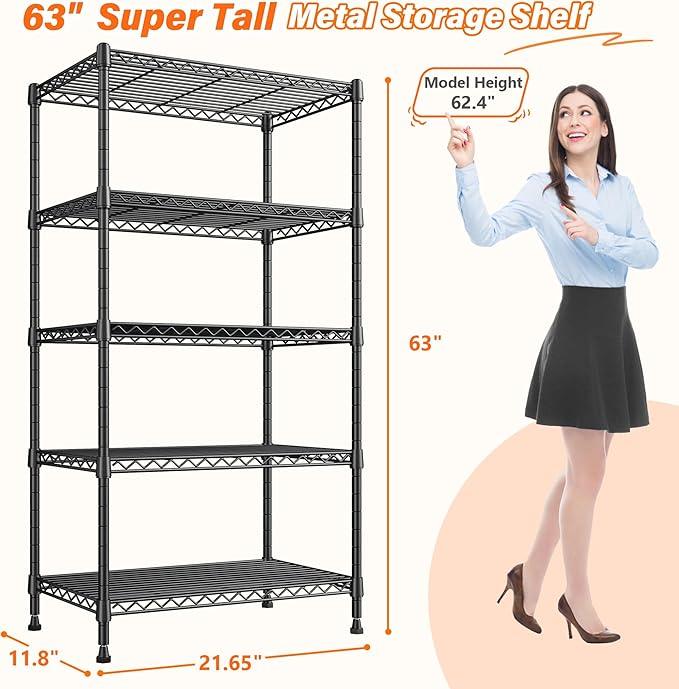 REIBII Metal Shelving 5 Tier Wire Sturdy Storage Shelves Adjustable Steel Organizer Wire Rack for Kitchen Laundry Room Commercial School Storage Room Black 63“Hx 21.65“L x 11.8”D - ModernBath