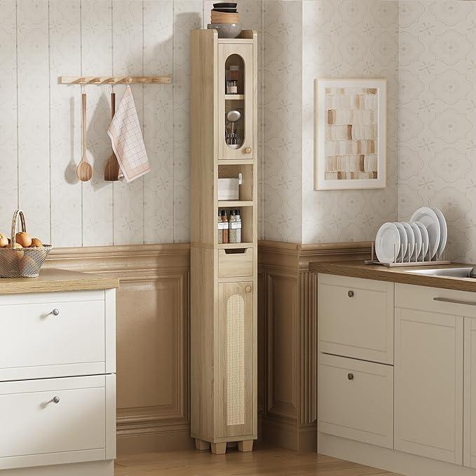 LIKIMIO 69" H Tall Bathroom Storage Cabinet with 2 Doors & 1 Drawer, Narrow Adjustable Shelves & Pull-Out Tissue Holder, Slim Freestanding Cabinet for Small Spaces, Kitchen, Entryway, Rustic White - ModernBath
