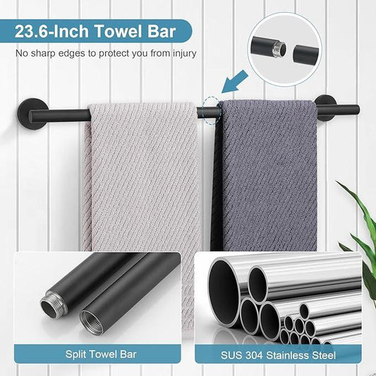 TQKAG Matte Black Bathroom Hardware Set 6-Piece Bathroom Accessory Set 23.6 Inch Round Stainless Steel Towel Bar Set Wall Mounted - ModernBath