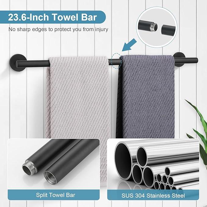 TQKAG Matte Black Bathroom Hardware Set 5 Pieces, SUS304 Stainless Steel Towel Bar Set Round Bathroom Towel Rack Set Wall Mounted - ModernBath