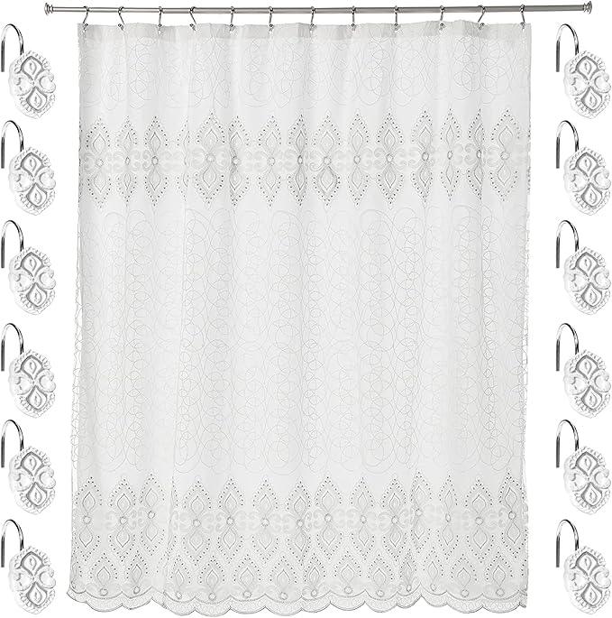Zahari Home Monaco Bathroom Shower Curtain Set - 13pc Classic Luxury Contemporary Design with 12 Hooks - ModernBath