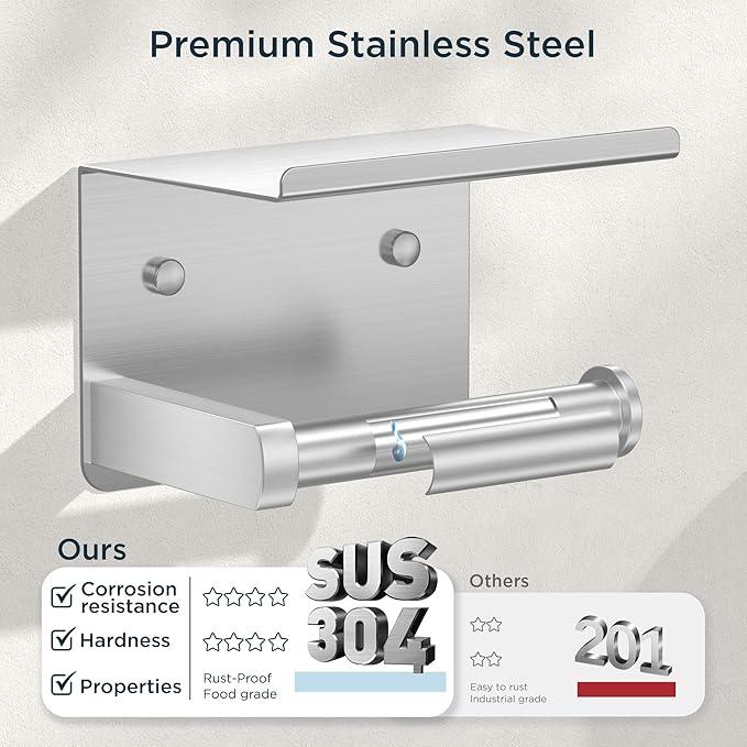 FORIOUS Toilet Paper Holder with Shelf, Adhesive or Screw Wall Mount Toilet Roll Holder for Bathroom, Rustproof 304 Stainless Steel Commercial Toilet Tissue Holder with Storage, Brushed Nickel - ModernBath