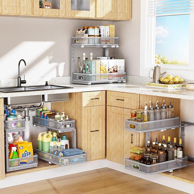 Under Sink Organizer, High Adjustable 2 Tier Under Sink Organizers and Storage, Slide Out Metal Cabinet Organizers, Pull Out Sink Storage Drawer Shelf for Kitchen Bathroom Cabinet, Grey, 2 Pack - ModernBath